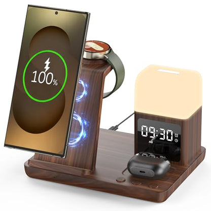 Wireless Charger for Samsung/Android, 6 in 1 Phone Nightstand Charging Station Charger with Alarm Clock/Night Light for Samsung S26/S25/S24 Ultra/Buds4,Watch Charger for Galaxy Watch 8/7/6/5 - color: Woodgrain