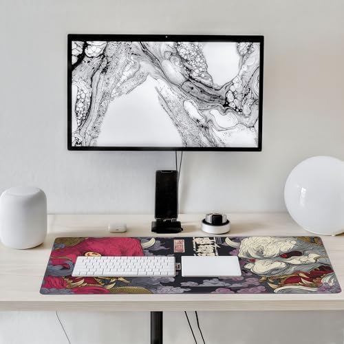 Gaming Mouse Pad, XXL Non-Slip Rubber Base, Waterproof with Stitched Edges, Japanese Demon Mask Design, 35.4 x 15.7 inches - color: Japanese Demon Mask