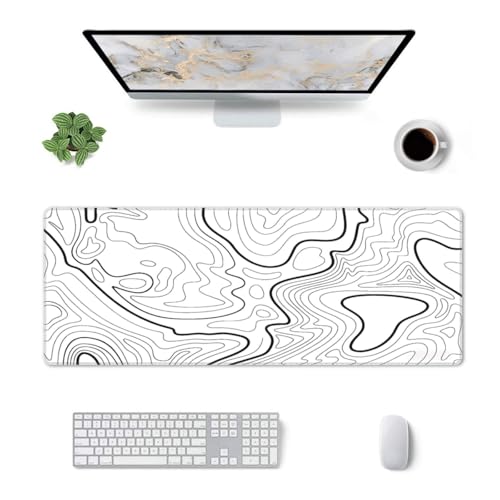 White Topographic Contour Extended Big Mouse Pad Large,Gaming Mouse Pad Desk Pad,31.5x11.8x0.12 Inch Long Computer Keyboard Mouse Mat Mousepad Non-Slip Base and Stitched Edge for Gaming and Office - color: White Topographic Contour, size: 31.5Lx11.8W inch