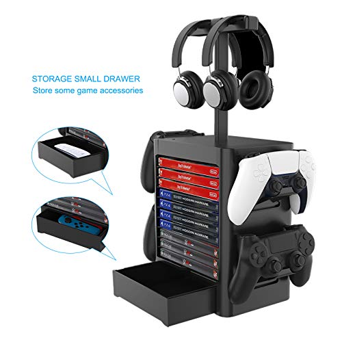 Multifunctional Game Disk Storage Tower Holder,Game Disk Rack and Controller/Headset Stand Holder Compatible with Xbox Series X/Nintendo Switch/PS5/PS4 - color: black