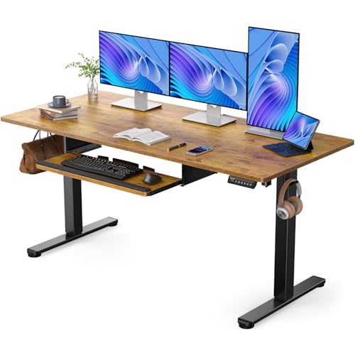 ErGear Large Electric Standing Desk with Keyboard Tray, 63x28 Inches Large Adjustable Height Sit Stand Up Desk, Home Office Desk Computer Workstation, Vintage Brown - color: Vintage Brown, size: 63" X 28"