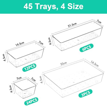 45Pack Makeup Drawer Organizers Set, 4Sizes acrylic desk organizer trays for vanity, bathroom, office, nightstand, junk for kitchen drawer, Versatile plastic drawer divider storage bins - size: S45(3-6-12-24)