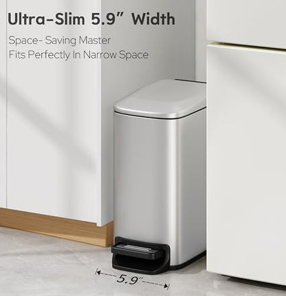 TIPGO Slim Bathroom Trash Can with Lid Soft Close, Step Pedal, 6 Liter / 1.6 Gallon Stainless Steel Garbage Can with Removable Inner Bucket, Anti-Fingerprint Finish (Silver) - color: Silver