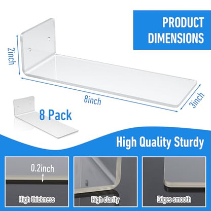 8 Pieces Floating Shoe Racks, Clear Acrylic Floating Shoe Display Shelves with Screws and Anchors, 8 X 3 Inch Floating Shoe Shelves for Wall, Great for Bedroom, Gaming Room, Sneaker Collection