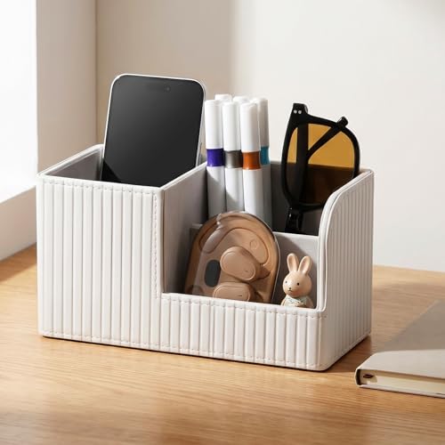 Desk Pen Organizer, PU Leather Desk Organizer with White Stripe, Small Desks Organizers for Office Supplies, Pen Holder for Desks, Pencil Holder, Night Stand Organizers, 8.26"L x 3.93"W x 4.3"H