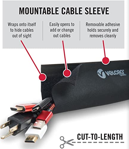 VELCRO Brand Mountable Cable Sleeve | 3-Ft Customizable Cable Raceway with Removable Adhesive | Cut to Length for Custom Size Wire Management | Cord Hider Mounts on Walls, Desk | Black, VEL-30799-USA - size: 36in - Cut to Length