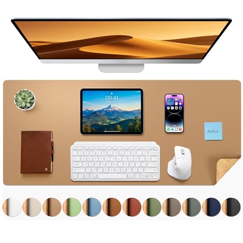 Aothia Dual-Sided Desk Mat - Leather & Cork Desk Protector, Large Mouse Pad & Writing Pad for Office/Home, Waterproof, Apricot (35.4" x 15.7") - color: Apricot+cork, size: 35.4" x 15.7"