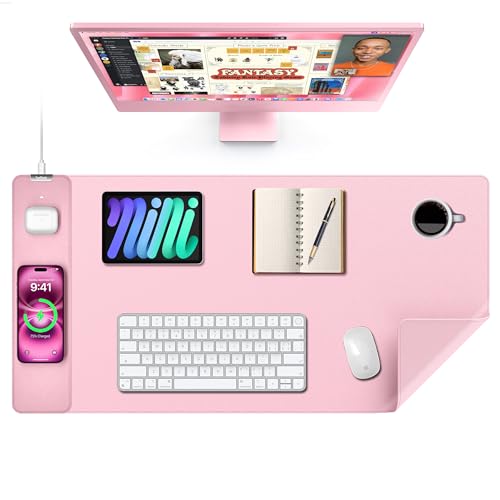 TopMade Mouse Pad with 15W Wireless Charging, XXL Large Leather Desk Mat, Waterproof Gaming Mousepad Home Office Desk Pad Protector, Computer Keyboard Pad, Mouse Mat for MacBook, PC, Laptop, Pink - color: Pink