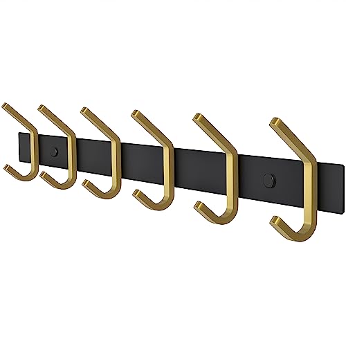 Coat Rack Wall Mount – Black and Gold Hook Rail with 6 Double Coat Hooks, 17 Inch Stainless Steel Wall Hooks for Entryway, Bathroom, Bedroom, Closet, Towel, Hat, Bag, Heavy Duty Organizer - color: Black + Gold, size: 6 Hooks
