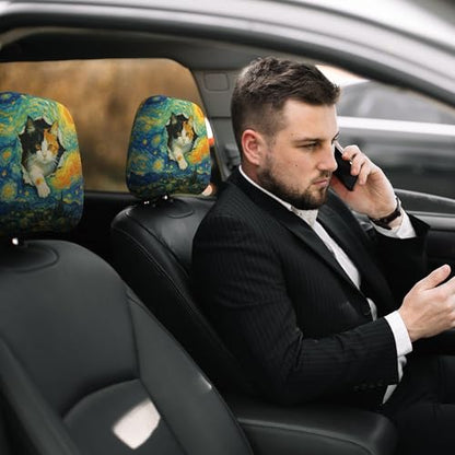 Funny Cat Print Headrest Covers for Cars Starry Night Auto Head Rest Cover 2pc - color: Van Gogh Cat