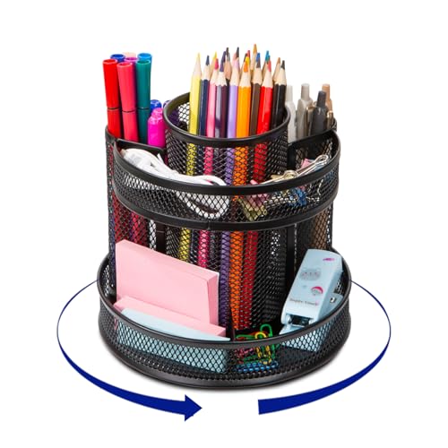 Comix 360° Rotating Pen Holder for Desk, 9 Compartments Office Desk Organizer, Black Mesh Metal Pencil Holder Cup for Office Home School - color: B2051