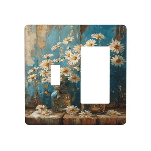 Delicate White Daisy Jars Retro Wood Background Outlet Covers 1 Toggle 1 Rocker Combination Decorative Wall Plate Electrical Switch Plates Light Switch Cover Plate for Farmhouse Home Decor - color: Delicate White Daisy Jars Retro Wood Background, size: 1