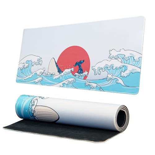 XVX Japanese Sea Wave Large Mouse Pad for Desk, Desk Mat with Seamed Edges, Waterproof Desk Pad, Gaming Mouse Pad Non-Slip Rubber Base, 31.5x11.8 Inch 3mm Thick Keyboard Pad Computer Mat, Coral Sea - color: Coral Sea