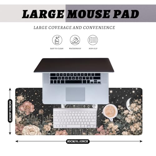 Dark Skull Gaming Mouse Pad Moon Floral Gothic Large Desk Mat with Stitched Edges,Non-Slip Waterproof Rubber Base Mouse Mat Office Computer Keyboard Laptop 31.5"x11.8" - color: Dark Skull