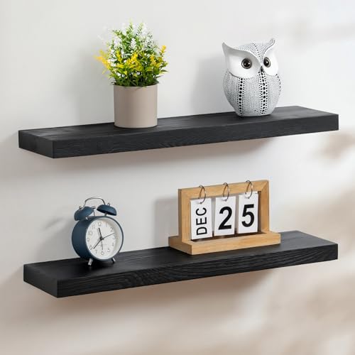 Fun Memories Handcrafted European Pine Floating Shelves - Natural Rustic Wooden Wall Shelf Set of 2-24 Inch Storage Shelf Display Shelf for Kitchen Bathroom Living Room Bedroom Farmhouse - Black - color: Black, size: 24"W x 5.7"D - 2P