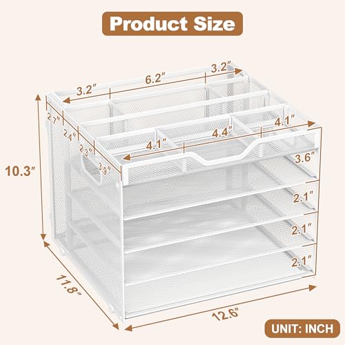 Docnest 5 Tier Letter Tray with Hanging File Organizer-Mesh Desk Organizer-Desktop Storage Box Built in Pen Holder and Handles, File Folder Holder for Mail Documents Office Supplies-White - color: 5 Tier Hanging File Organizer-White