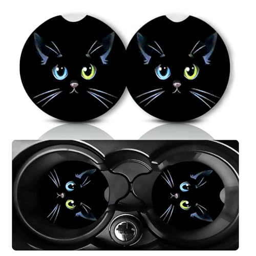2 Pack Black Cat Car Cup Holder Coasters Neoprene Anti Slip Rubber Mat | Cat Car Accessories Interior Decor 2.75" Universal Size Insert Auto Coasters Cats Mom Gifts for Women Men Pet Love - color: Black Cat