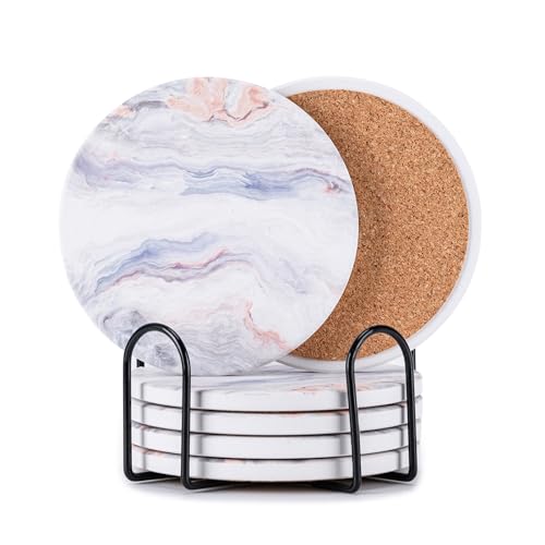 Hoewina 6Pcs Drink Coasters with Holder, Marble Style Ceramic Drink Coaster, Absorbent Coasters Set Suitable for Kinds of Cups, Modern Style Coasters for Coffee Table, 4 Inches（Cloud Style） - color: Cloud Style