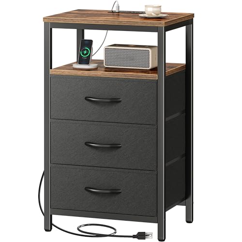 Huuger Nightstand with Charging Station, 27.6 Inch End Table Bedside Table with USB Ports and Outlets, Fabric Drawers, Night Stand for Bedroom, Rustic Brown and Black - color: Rustic Brown and Black, size: 11.8"D x 15.7"W x 27.6"H (3 Drawers)