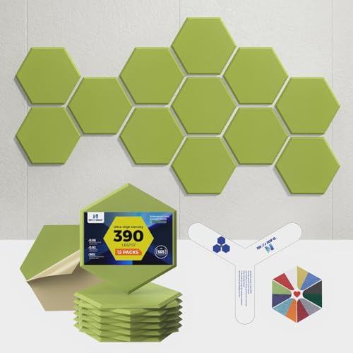 Self-Adhesive Acoustic Panels [390 lbs/yd³ Ultra-High Density], 2nd Generation Sound Absorbing Panel, Professional Level Sound Panel, Polyester Soundproof Foam [Medium Hexagon, Fruit Green] - color: Fruit Green, size: Medium Hexagon (12''x10''x0.4'')