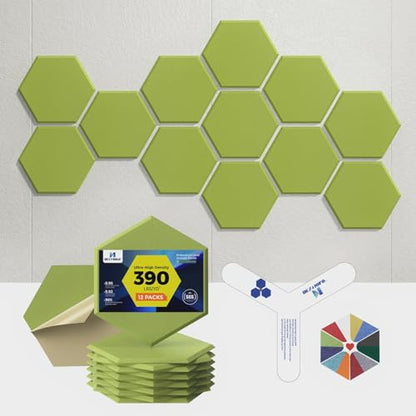 Self-Adhesive Acoustic Panels [390 lbs/yd³ Ultra-High Density], 2nd Generation Sound Absorbing Panel, Professional Level Sound Panel, Polyester Soundproof Foam [Medium Hexagon, Fruit Green] - color: Fruit Green, size: Medium Hexagon (12''x10''x0.4'')