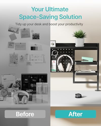 PEGZONE Clamp on Desk Shelf, 44" Desktop Shelving System, Black | with Pegboard and Accessories, Desktop Organizer with 2-Tier Shelf, Desk Pegboard for Office Home Gaming - color: Black