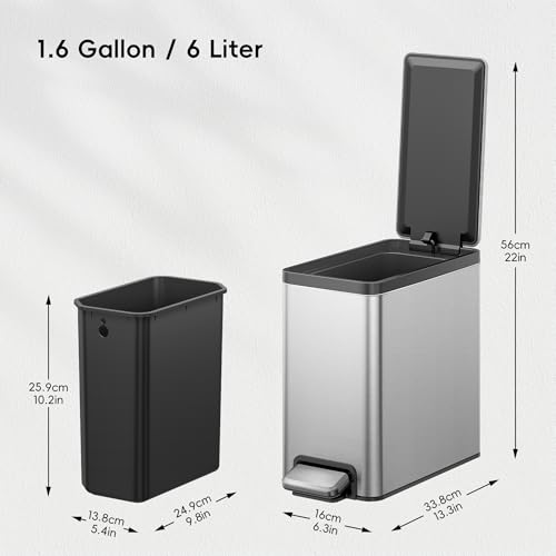 EKO Slim Small Bathroom Trash Can with Lid, Stainless Steel Small Garbage Can with Removable Inner Bucket, 6L / 1.6 Gal, Step On Trash Bin - color: Matte Stainless Steel, size: 6L
