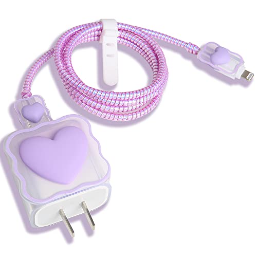 Compatible with iPhone 18W/20W USB-C Charger Cover Lovely 3D Love Heart Waves Clear Soft Charger Protector Cute Cable Saver for iPhone 11 12 13 14 Pro Max Fast Power Adapter, Purple 1 (5in1) - color: Purple 1 (5 in 1)