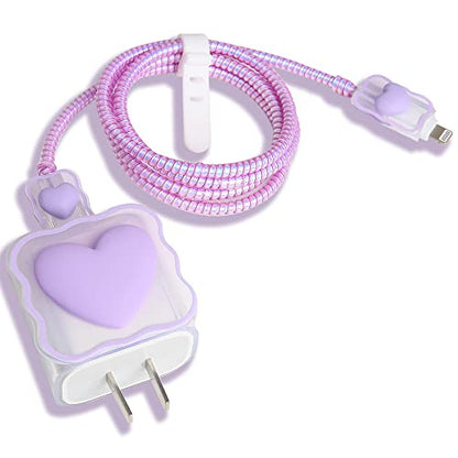 Compatible with iPhone 18W/20W USB-C Charger Cover Lovely 3D Love Heart Waves Clear Soft Charger Protector Cute Cable Saver for iPhone 11 12 13 14 Pro Max Fast Power Adapter, Purple 1 (5in1) - color: Purple 1 (5 in 1)