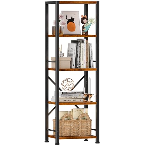 Furologee 5 Tier Tall Bookshelf, Rustic Narrow Bookcase, Display Standing Shelf Units, Metal and Wood Storage Shelves Organizer for Bedroom, Living Room, Home Office, Entryway, Kitchen, Rustic Brown - color: Rustic Brown, size: 5 Tier - 15.3"w