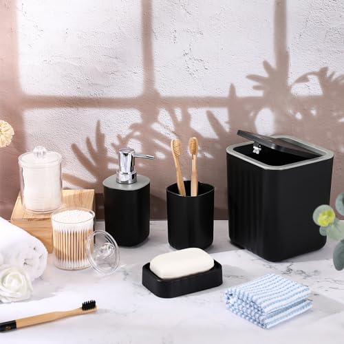 Hosuly 9 Pcs Bathroom Accessory Set Shower Curtain and 12 Hooks Table Trash Can Soap Dispenser Soap Dish Non Slip Bathroom Rugs Cup and Cotton Swab Holder Complete for Bathroom Decor (Black) - size: Black
