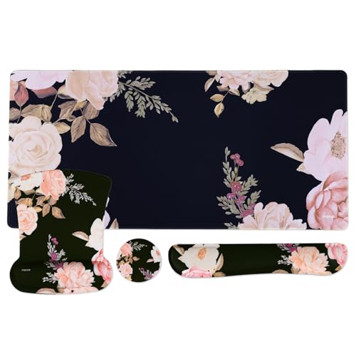 MOSISO Keyboard Mouse Pad Set, Large Gaming Mousepad&Keyboard Wrist Rest&Mouse Pad with Wrist Rest&Coaster, Peony Ergonomic Non-Slip Mousepad with Raised Memory Foam for Home Office, Black