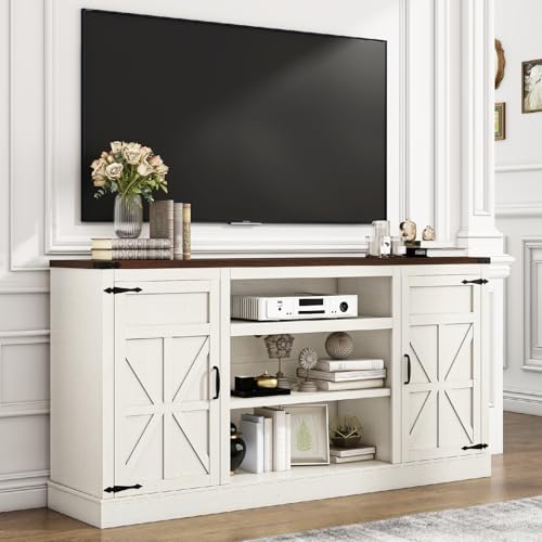 Hlivelood 66" Farmhouse TV Stand with Power Outlets for 75 Inch TVs, 33" Tall Entertainment Center with Storage Cabinets w/Adjustable Shelves, Rustic Large TV Media Console, Rustic White - color: Rustic White, size: 66in