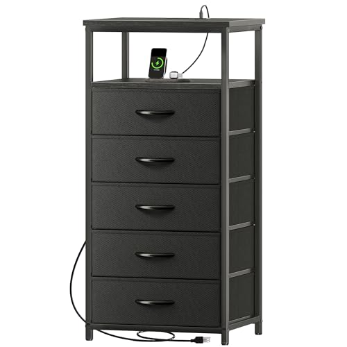 Huuger 5 Drawers Dresser with Charging Station, Dresser for Bedroom, Tall Night Stand, Chest of Drawers with Open Shelf, Bedside Table Nightstand, Fabric Storage Drawers, for Entryway, Black - color: Black, size: 11.8"D x 15.7"W x 39.4"H (5 Drawers)
