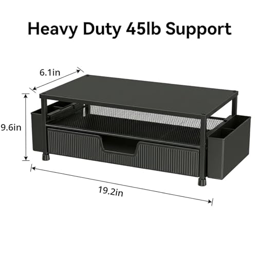 ECOLOVI Desk Organizer and Accessories, 2-Tier Computer Monitor Stand Rise with Storage Drawer & 2 Pen Holders, Laptop & Printer Stand for Desktop, Workspace Organizers for Office Supplies (Black) - color: Black