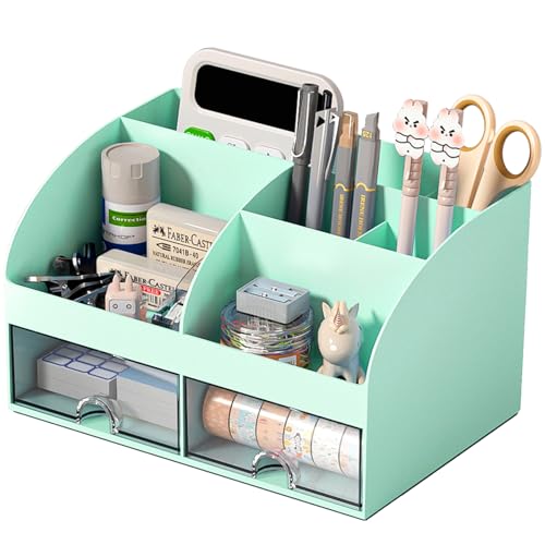 COMFYROOM Desk Organizer with 6 Compartments and 2 Drawers, Plastic Makeup Organizer, Pen Holder for Desktop Storage, Desk Organization for School, Home, Office Supplies (Mint Green) - color: Mint Green