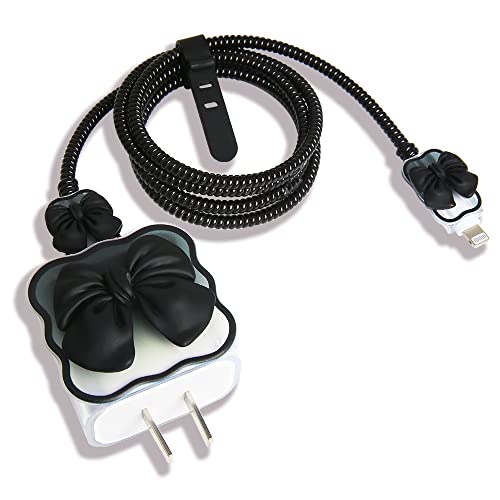 Compatible with iPhone 18W/20W USB-C Charger Cover Cute 3D Bow Tie Design Clear Soft Charger Protector Kawaii Cable Saver for iPhone 11 12 13 14 Pro Max Fast Power Adapter, Black 2 (5in1) - color: Black 2 (5 in 1)
