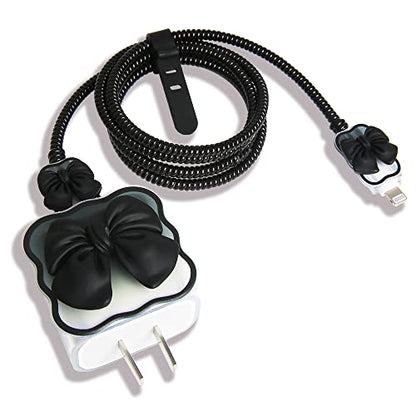 Compatible with iPhone 18W/20W USB-C Charger Cover Cute 3D Bow Tie Design Clear Soft Charger Protector Kawaii Cable Saver for iPhone 11 12 13 14 Pro Max Fast Power Adapter, Black 2 (5in1) - color: Black 2 (5 in 1)