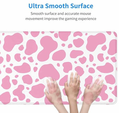Gaming Mouse Pad, Large Mouse Pads for Desk, Non-Slip Rubber Base Mousepad, Keyboard Mouse Mat, Desk Pad with Stitched Edges, 35.4x15.7 inch Pink Cow Print - color: Pink Cow Print, size: 35.4" x 15.7"