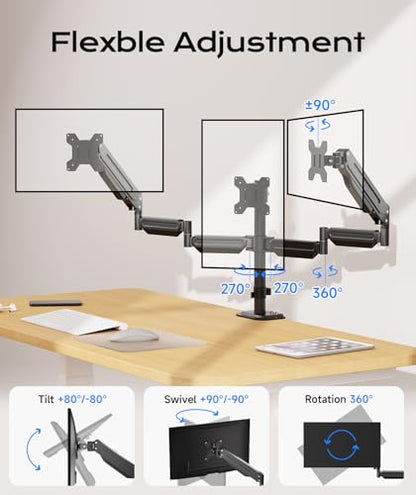 Pholiten Triple Monitor Mount for Desk, 2 Gas Spring Monitor Arms for 17-32 inches Screen, Fully Adjustable Heavy Duty Monitor Mount with Clamp & Grommet Mounting, Each Arm Holds 22 lbs - style: 3 monitor mount