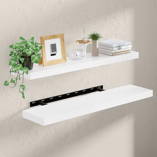 Heimlove Wooden Floating Shelves for Wall, White Pine Shelves Set of 2, 36 in Rustic Wood 8 Inch Deep Floating Shelf with Invisible Brackets for Bedroom Kitchen Living Room - Classic White - color: Classic White, size: 36”Wx8”Dx1.6”H