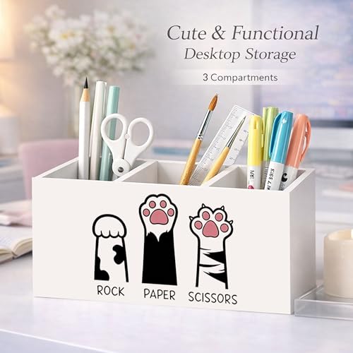 Cat Paw Wooden Desk Organizer Pen Holder | Cute cat paw rock paper scissors design; wooden pen holder for pens, markers, scissors, rulers, or cat lover desk decor. - color: Rock Paper Scissors Cats