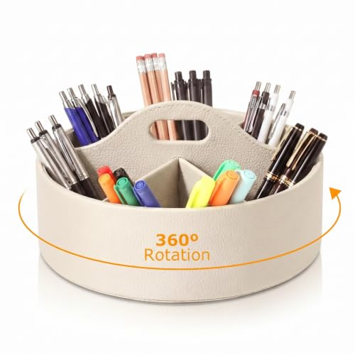 360° Rotating Leather Desk Storage Organizer with 6 Slots and Handle Extra-large Pen Holder Spinning Pencil Storage Lazy Susan Organizer Office Desk Supplies Marker, Art Supply (Beige) - color: Beige