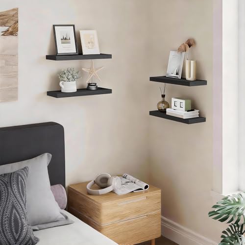 BAYKA Floating Shelves for Wall, Wall Mounted Rustic Wood Shelves for Bathroom, Bedroom, Living Room, Kitchen, Hanging Shelf for Books/Storage/Room Decor with 22lbs Capacity (Black, Set of 3, 15.7in) - color: A. Black - Universal Classic Style, size: 15.7