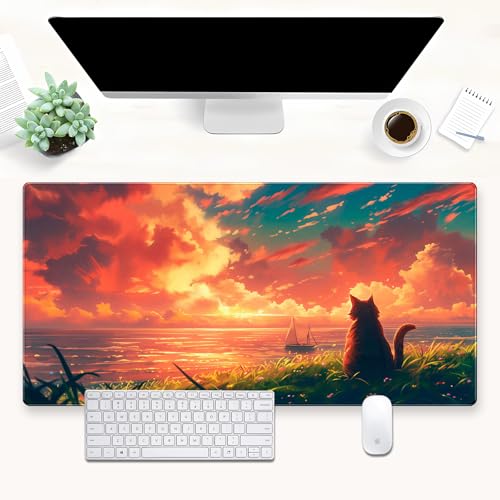 Large Gaming Mousepad, Anime Sunset Ocean Cat Desk Pad XL, Stitched Edges | Beautiful large mousepad featuring a healing anime sunset ocean and cute cat print. Perfect for cozy desk decor. - color: Sunset Ocean and Cat
