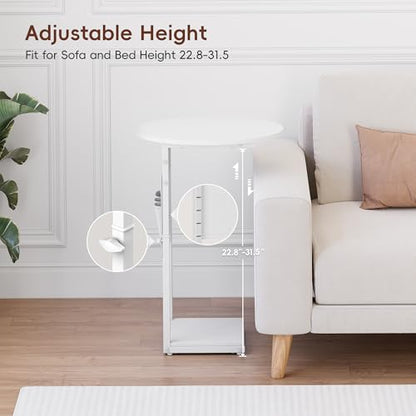 Vagusicc C Shaped End Table with Charging Station, 32" Tall Side Table for Couch and Recliner, Adjustable Height Small Couch Side Table Slide Under Sofa TV Tray Table for Living Room, Bedroom, White - color: White, style: Charging Station