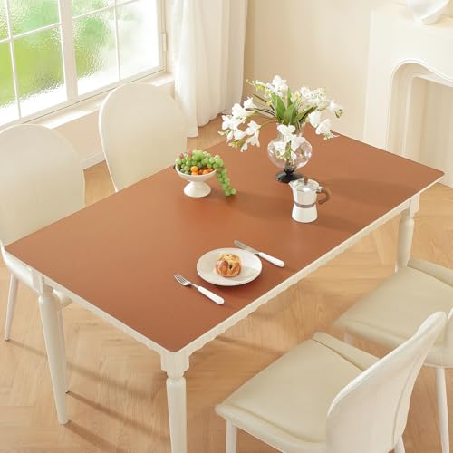 OstepDecor Brown Table Cover Protector 16 x 32 Inch, 1.5mm Thick Plastic Table Cover, Dining Table Protector Pad, Waterproof & Easy Cleaning PVC Desk Mat for Dresser, Coffee & Kitchen Wooden Tabletop - color: Brown+beige, size: 16" x 32" (Rectangular)