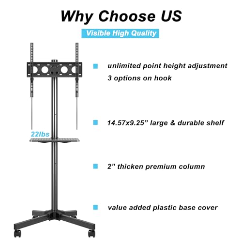Mobile TV Carts on Wheels for 21-60 Inch Flat/Curved Panel Screens TVs - Height Adjustable Floor Trolley Stand with Shelf Holds up to 77lbs - Max VESA 400x400mm - color: Black High Quality