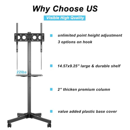 Mobile TV Carts on Wheels for 21-60 Inch Flat/Curved Panel Screens TVs - Height Adjustable Floor Trolley Stand with Shelf Holds up to 77lbs - Max VESA 400x400mm - color: Black High Quality