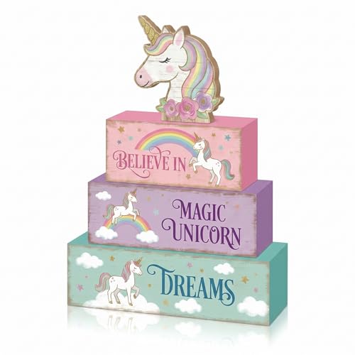 4 Pcs Unicorn Room Table Decor Girls Unicorn Bedroom Decorations Magic Fantasy Tiered Tray Decor Pastel Nursery Wooden Signs Shelf Sitter for Baby Girl Believe in Dreams Home Office Decorations - style: Unicorn